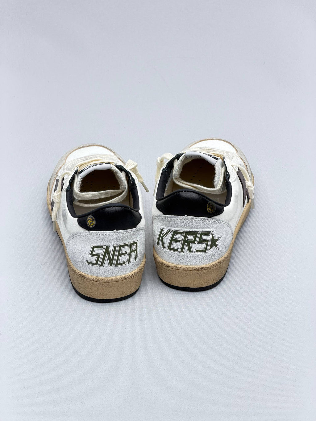 Golden Ball Sandals White - Black Star - Grey Details